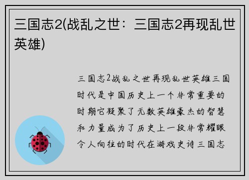 三国志2(战乱之世：三国志2再现乱世英雄)