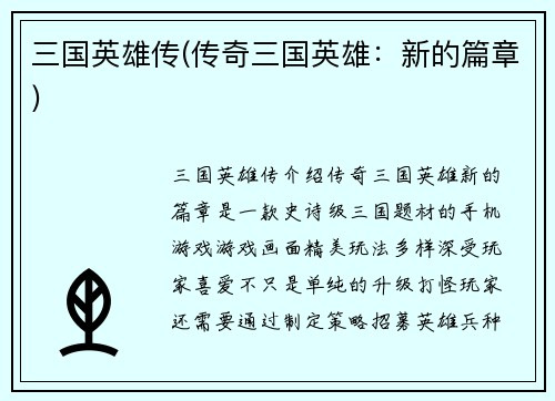 三国英雄传(传奇三国英雄：新的篇章)